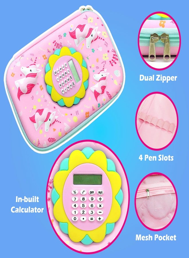VGRASSP Unicorn Theme Stationery Pencil Case for Kids with Mini Calculator - 3D EVA Zipper Pouch with Multi Storage Compartments - Fun School Stationery Organizer - Multicolor - Image 3